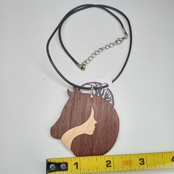 Hand Crafted Lady And Horse Wooden Necklace - Picture 4 of 5